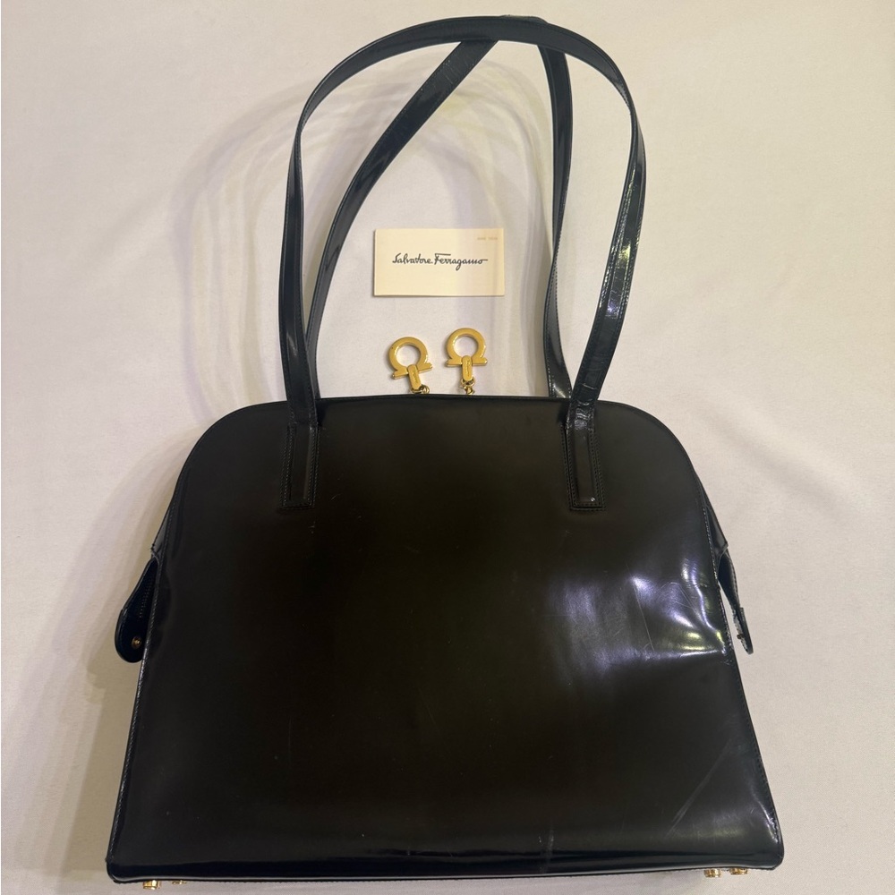 Salvatore Ferragamo Vintage Shoulder Bag Black Enamel Gold Hardware